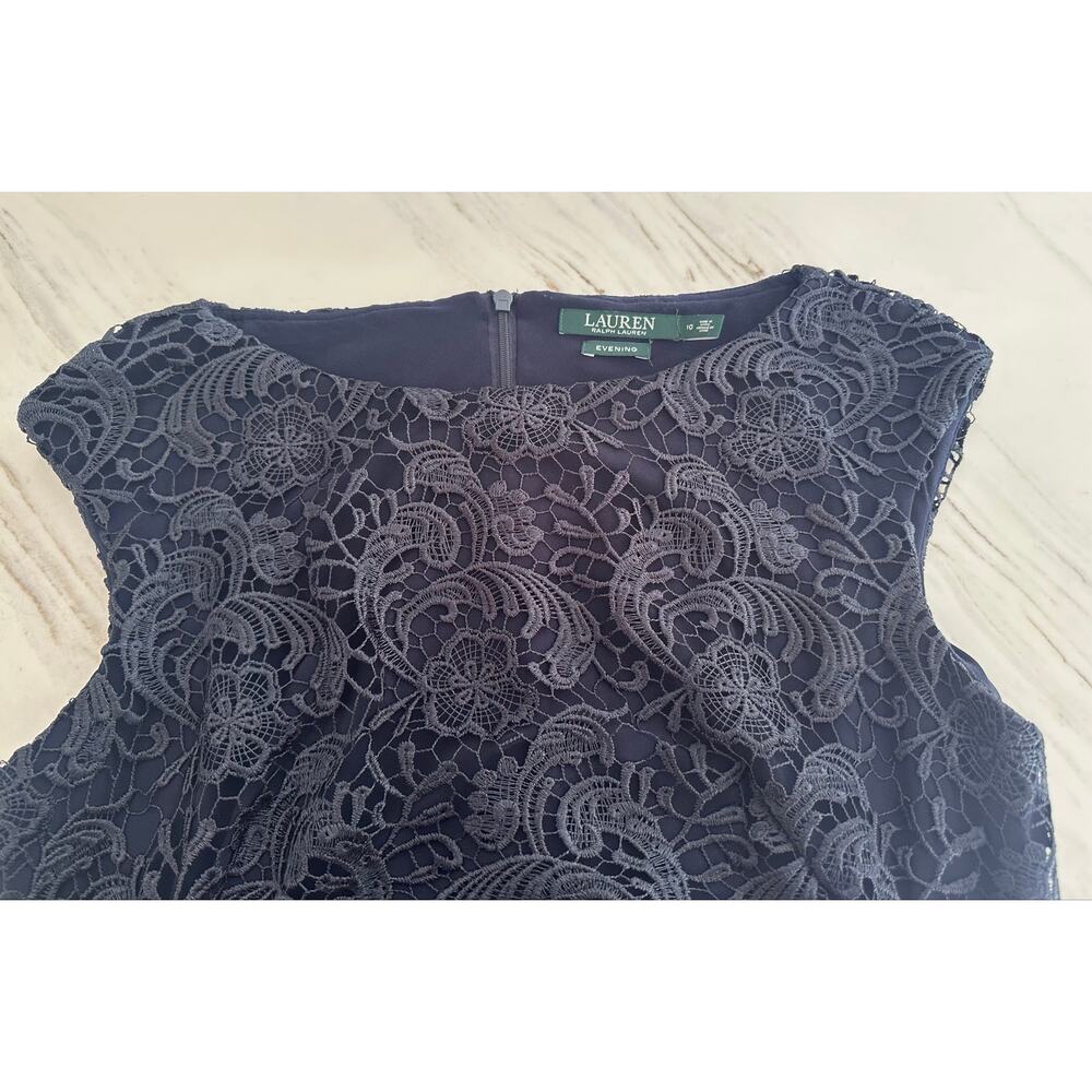 Lauren Ralph Lauren Navy Lace Cocktail Dress Size 10 Cap Sleeve Scalloped Hem - Picture 6 of 15